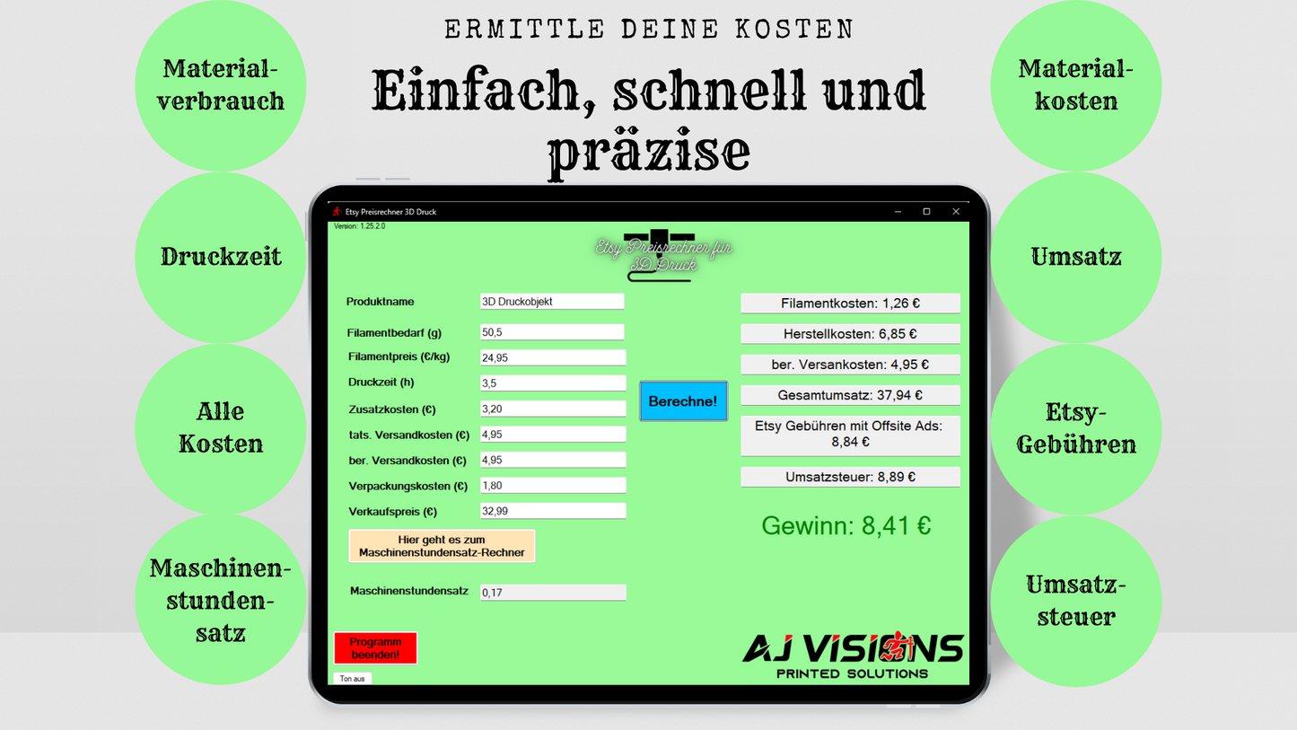 Etsy Preisrechner für 3D-Druck mit Kostenanalyse | Professionelle Gewinnkalkulation