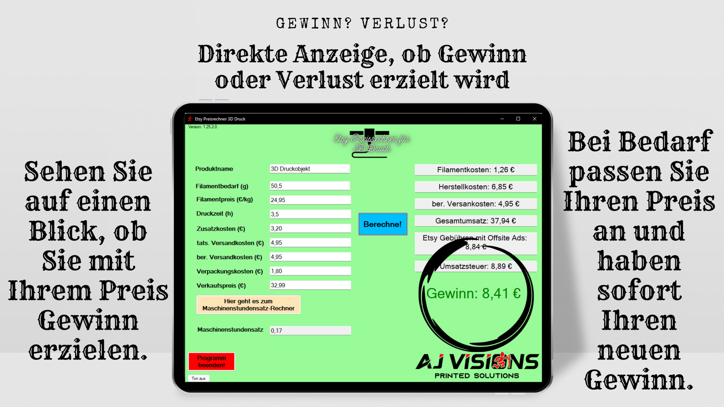 Etsy Preisrechner für 3D-Druck mit Kostenanalyse | Professionelle Gewinnkalkulation